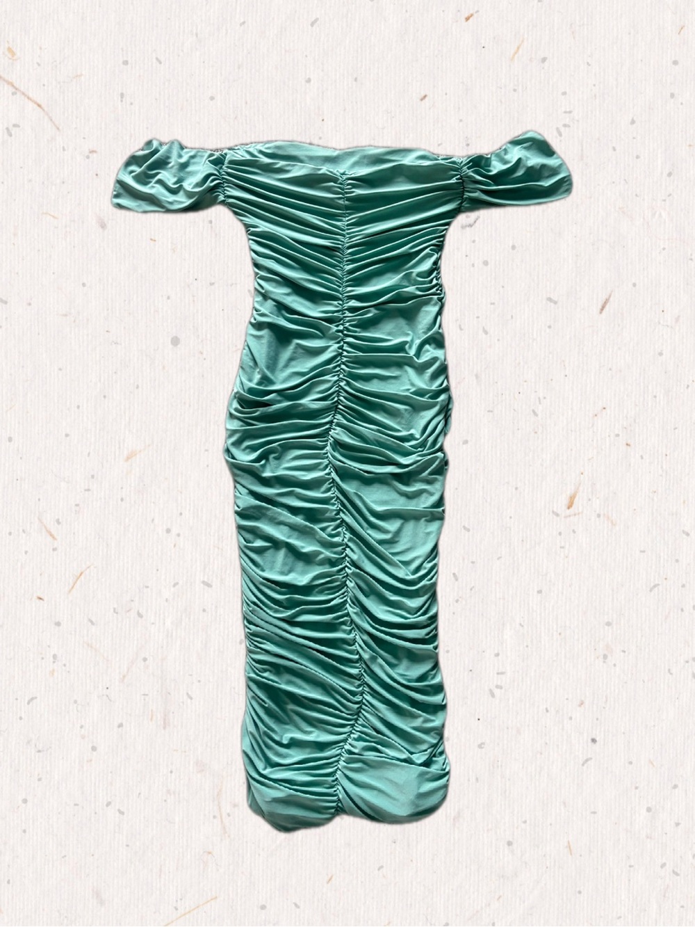 Club L Off-Shoulder Sage Ruched Bodycon Dress - Picture 2 of 4